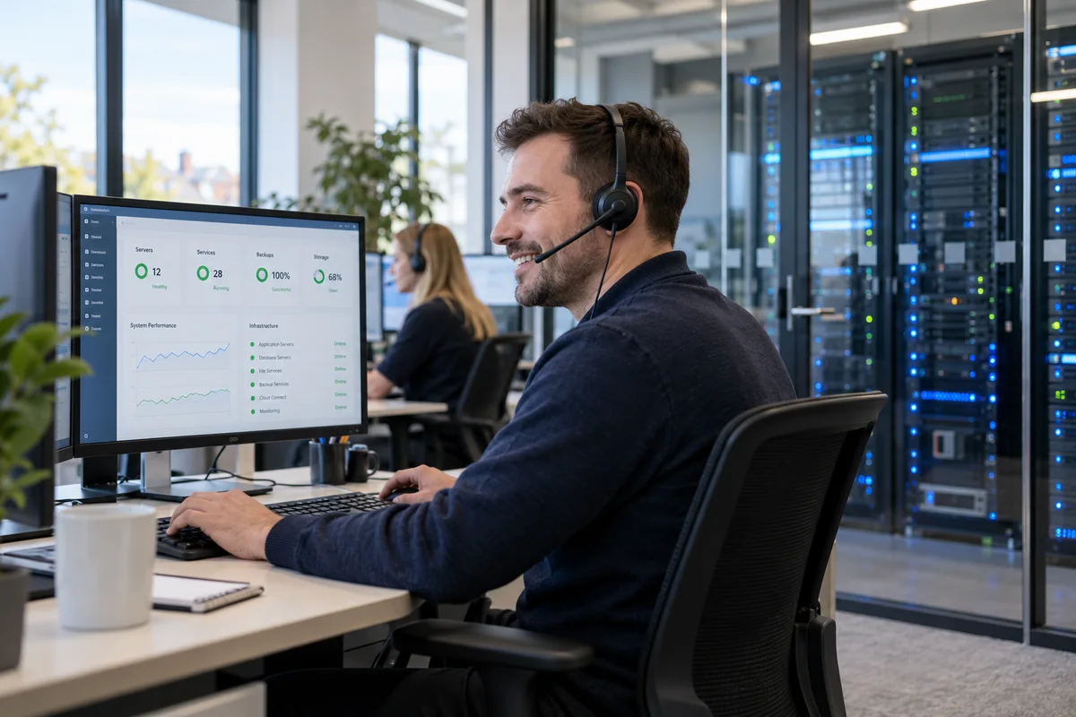 Illustrative IT support engineer with a headset monitoring cloud hosting beside server racks